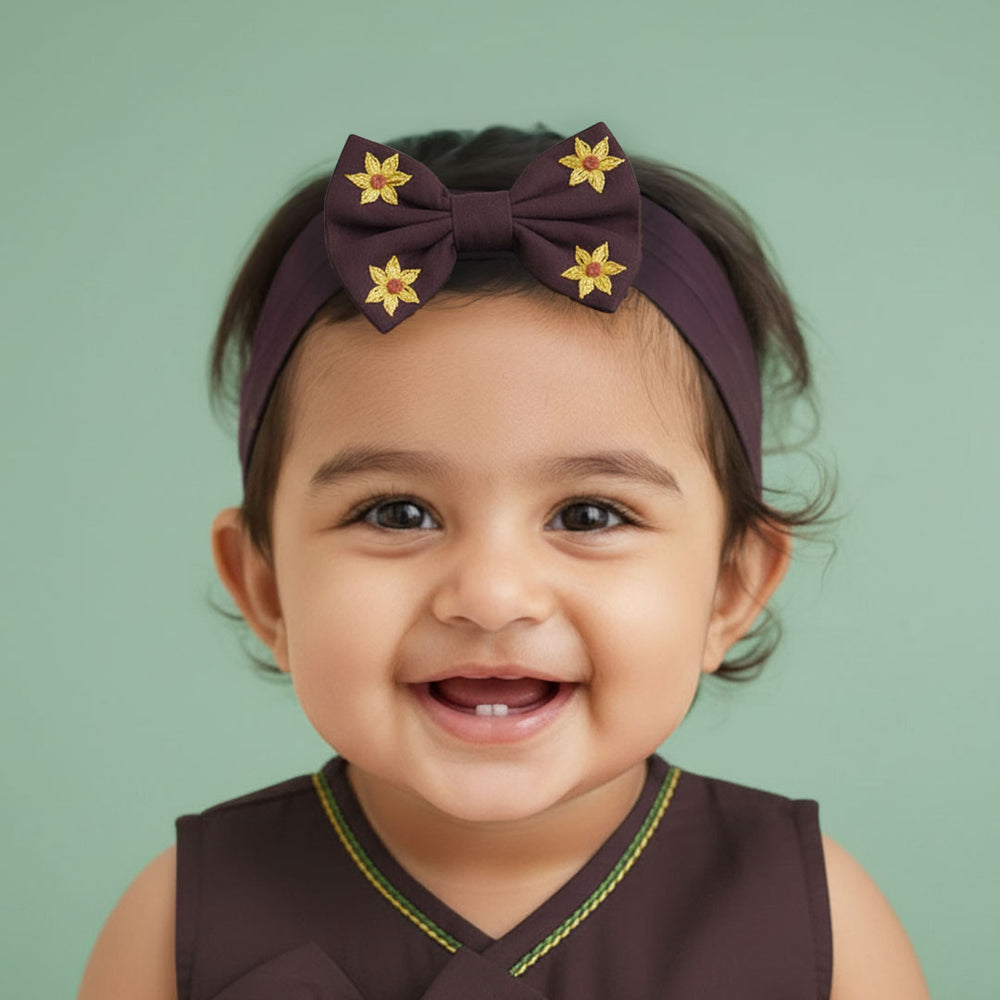 Choco Brown Embroidered Classic Bow Girls Headband - Sunflower
