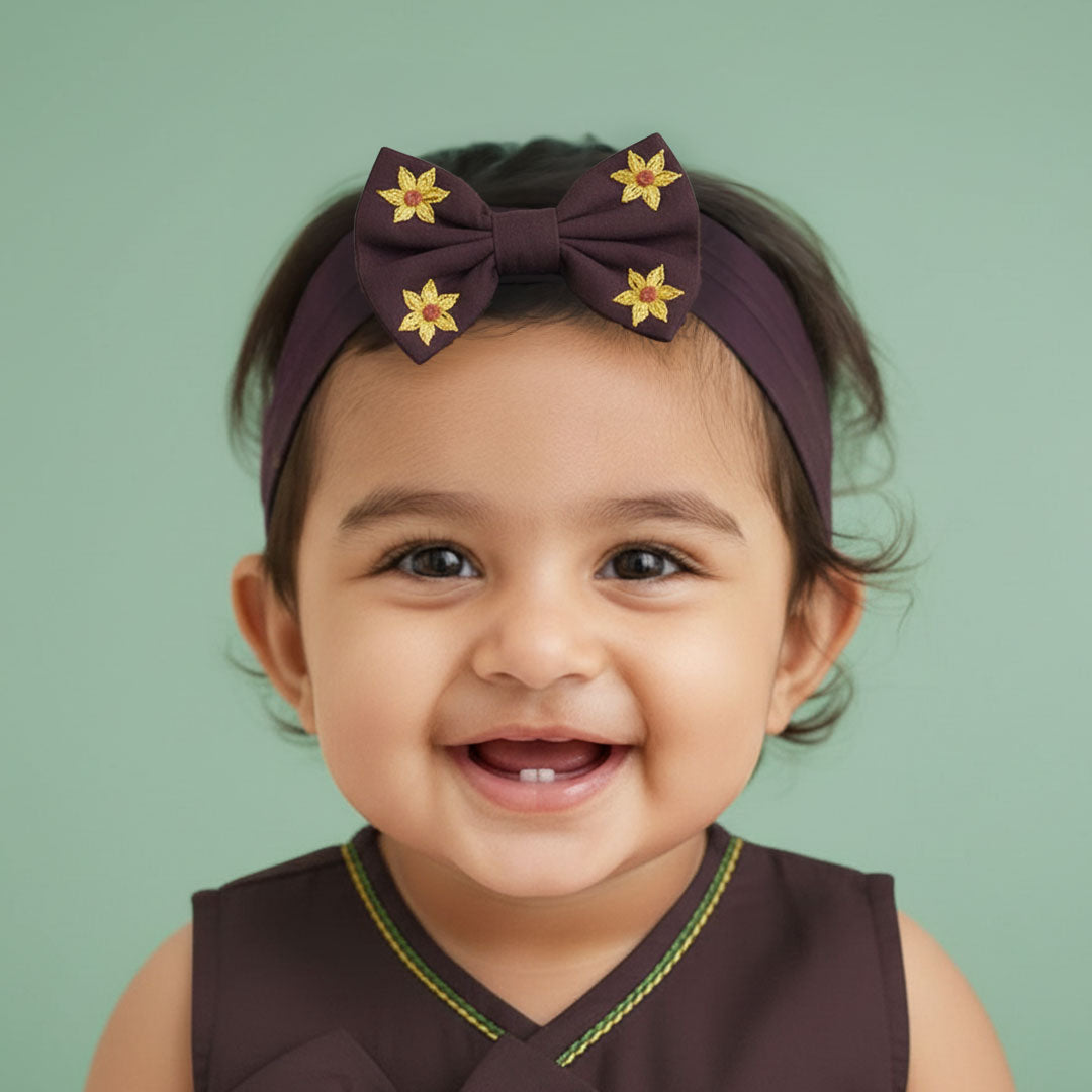 Keebee Organic Cotton Choco Brown Embroidered Classic Bow Headband - Sunflower