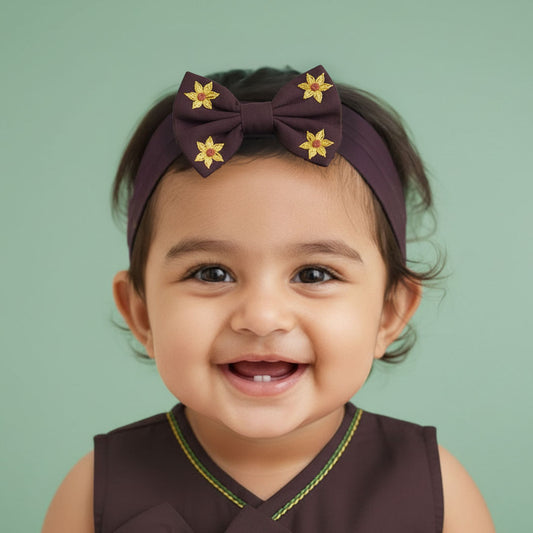 Keebee Organic Cotton Choco Brown Embroidered Classic Bow Headband - Sunflower