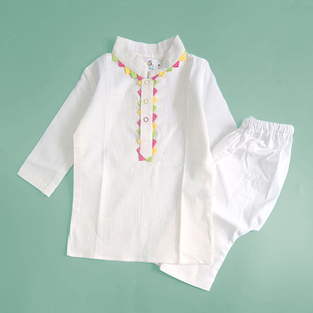 Keebee Organic Cotton White Embroidered Kurta paired with Pajama Pants - Festive Toran