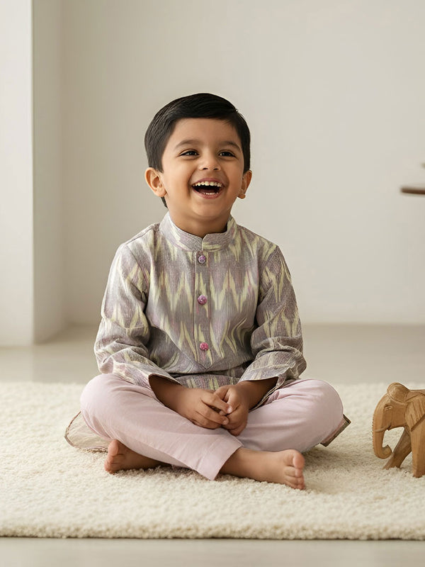 Boys Handloom Raw Silk Pastel Ikat Kurta and Pink Pajama Pants Set