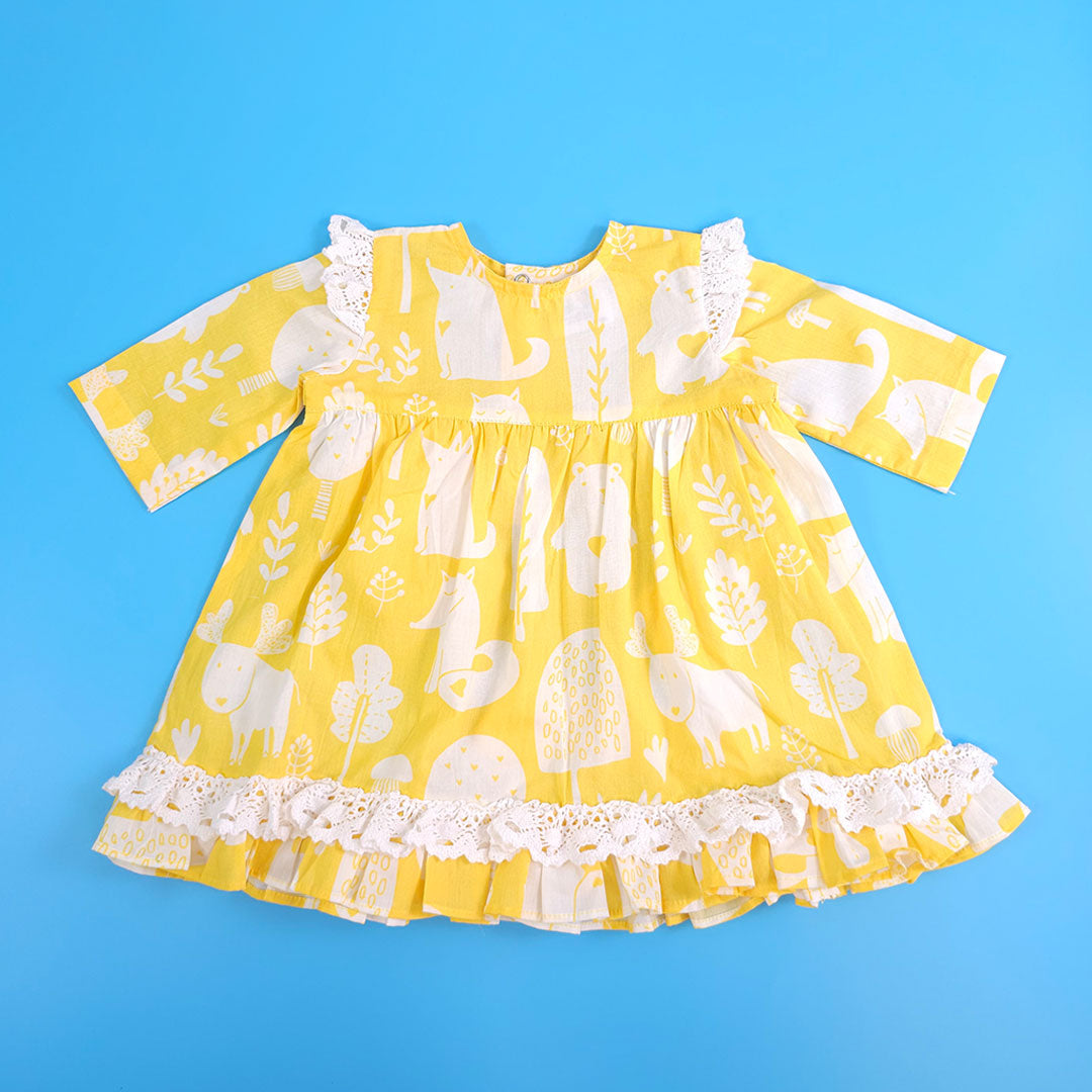Keebee Organic Cotton Printed Girls Peony Dress with Puff Sleeves - Enchanted Forest