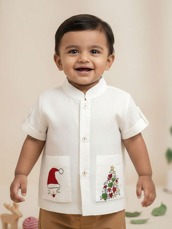 Embroidered Shirt with Pockets - Santa and Xmas Tree