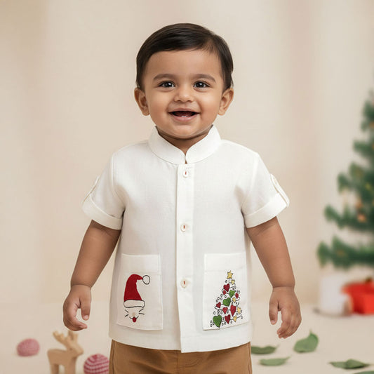 Embroidered Shirt with Pockets - Santa and Xmas Tree