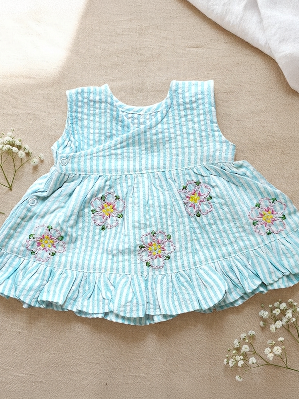 Newborn Baby Girl Embroidered Light Blue and White Wrap Dress - Pink Flowers