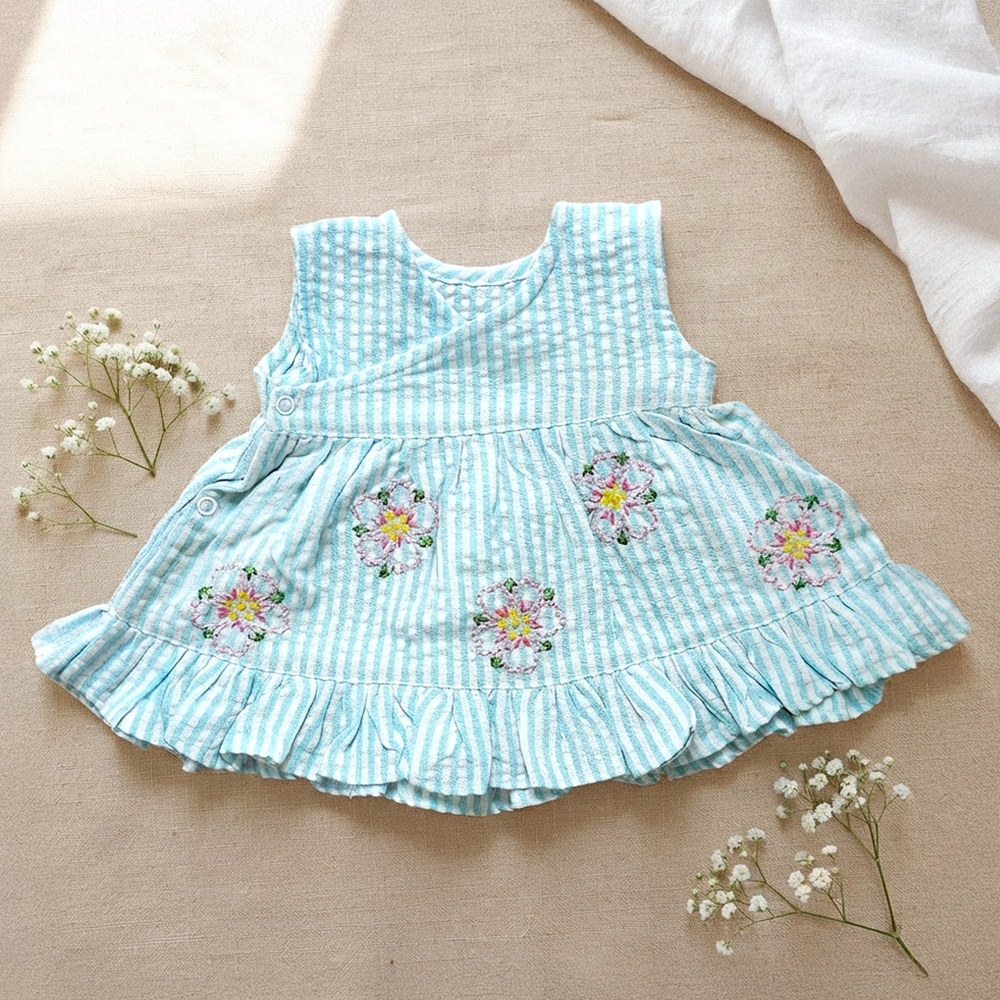 Newborn Baby Girl Embroidered Light Blue and White Wrap Dress - Pink Flowers