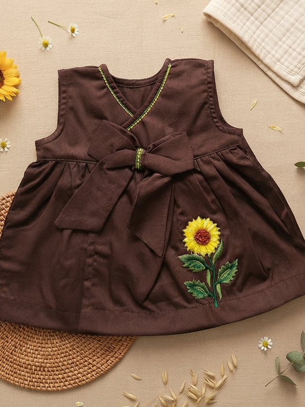 Newborn Baby Girl Embroidered Choco Brown Overlap Dress - Sunflower