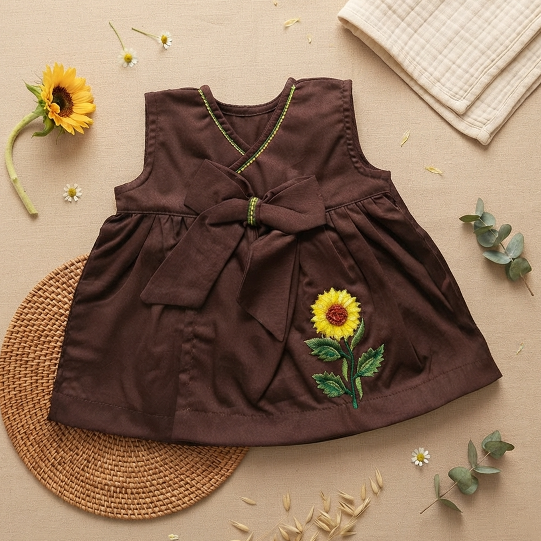 Newborn Baby Girl Embroidered Choco Brown Overlap Dress - Sunflower