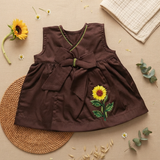 Newborn Baby Girl Embroidered Choco Brown Overlap Dress - Sunflower