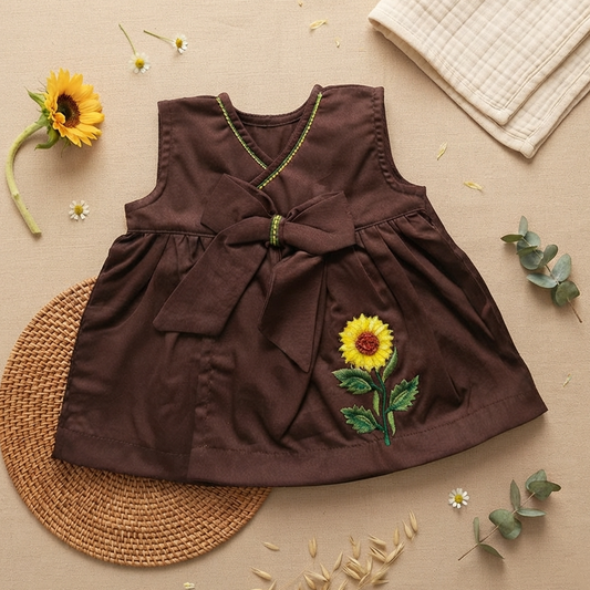 Embroidered Newborn Choco Brown Overlap Dress - Sunflower