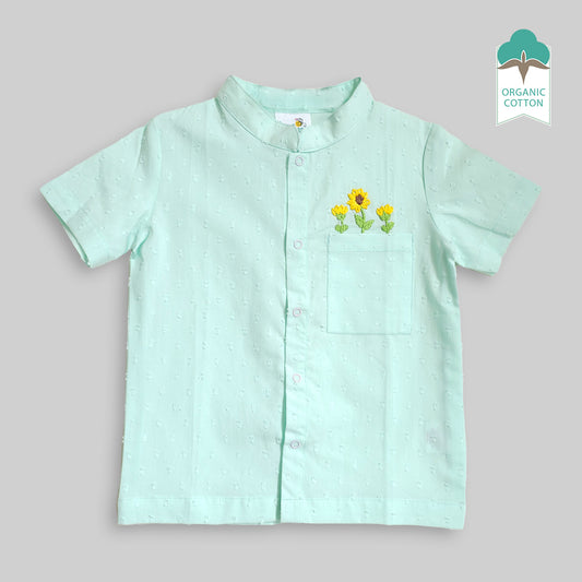 Keebee Organic Cotton Aqua Embroidered Shirt with Putta Texture - Sunflower
