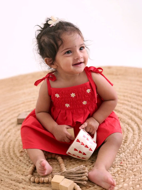 Smocked Red Shoulder Knot Smocked Dress