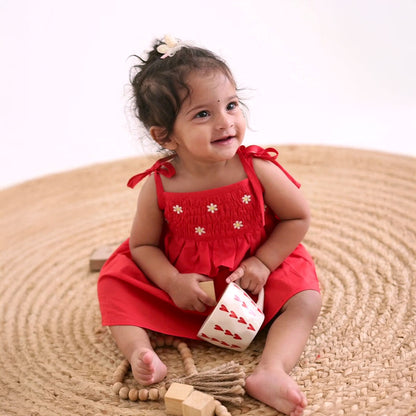 Smocked Red Shoulder Knot Smocked Dress
