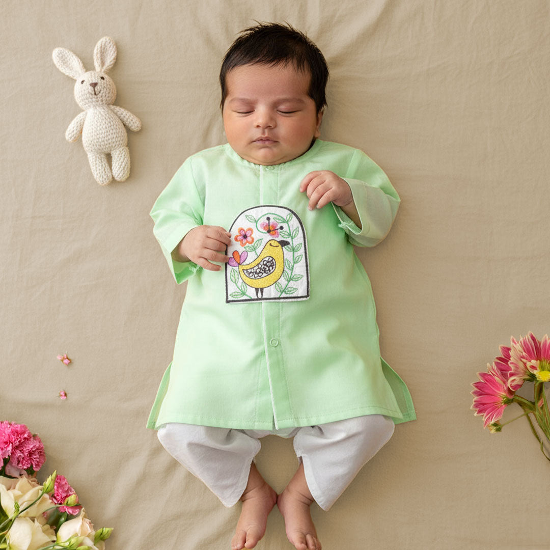 Keebee Organic Cotton Embroidered Mint Green Newborn Kurta & Dhoti Pant Set – Birds in Bloom