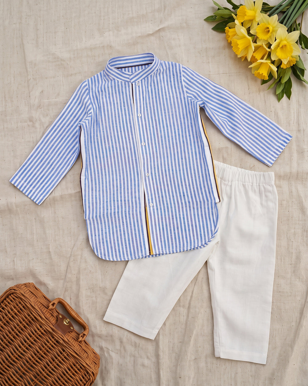 Boys Blue and White Striped Kurta and Pajama Pants Set
