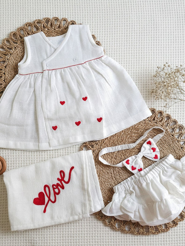 Baby Girl Overlap Dress, Bloomer and Accessories Hamper - Lil Hearts