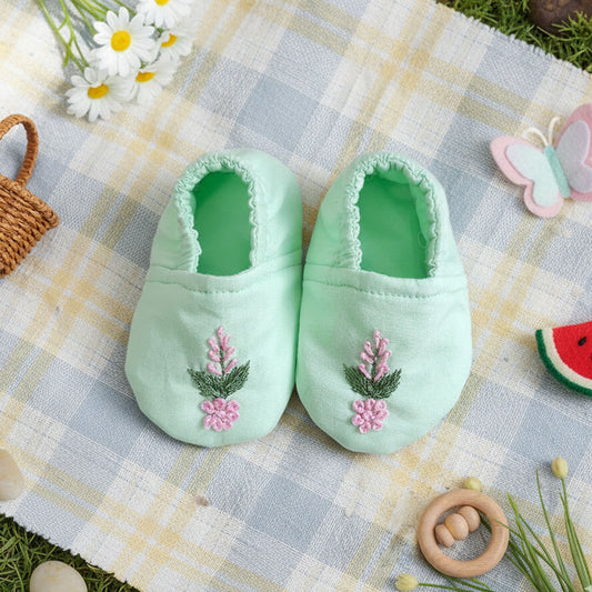 Keebee Organic Cotton Mint Green Embroidered Baby Shoes - Pink Petals