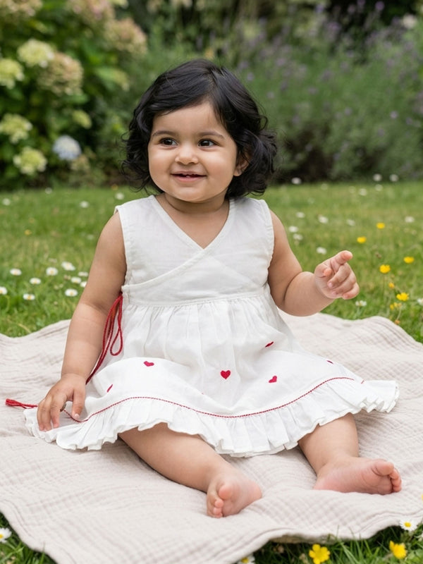 White Embroidered Wrap Dress - Hearts