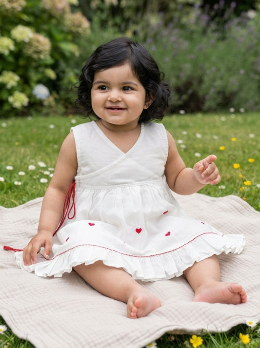 White Embroidered Wrap Dress - Hearts