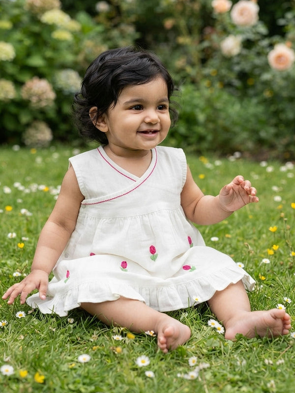 Hand-Embroidered White Dress - Tulips
