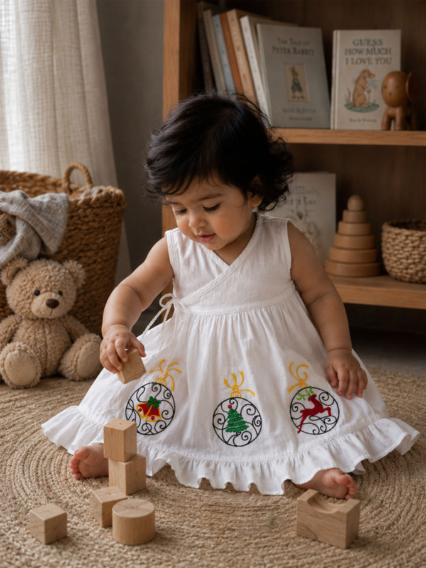 Embroidered White Wrap Dress - Xmas Decorations