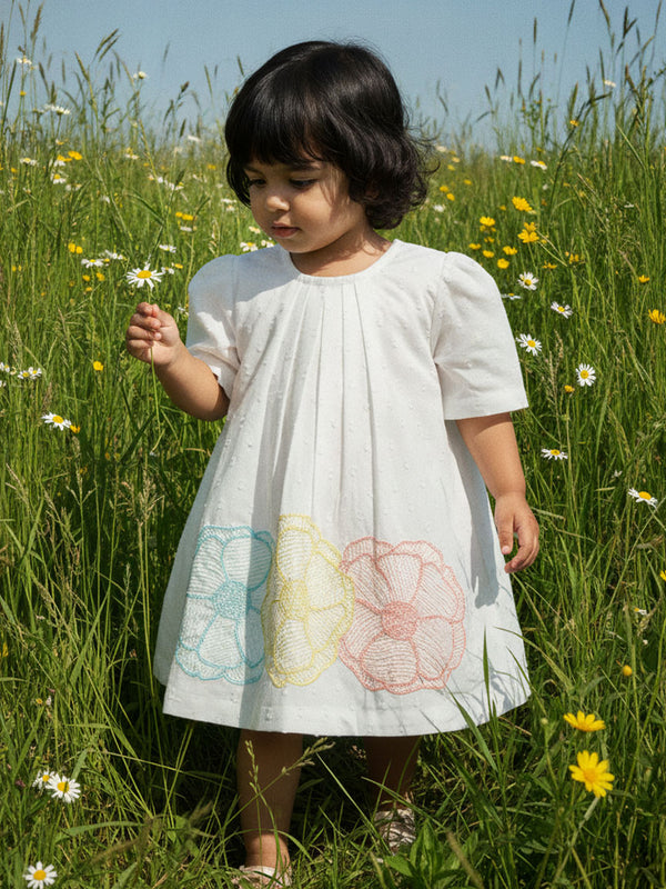 Textured Puff Sleeve Embroidered Dress - Flowers