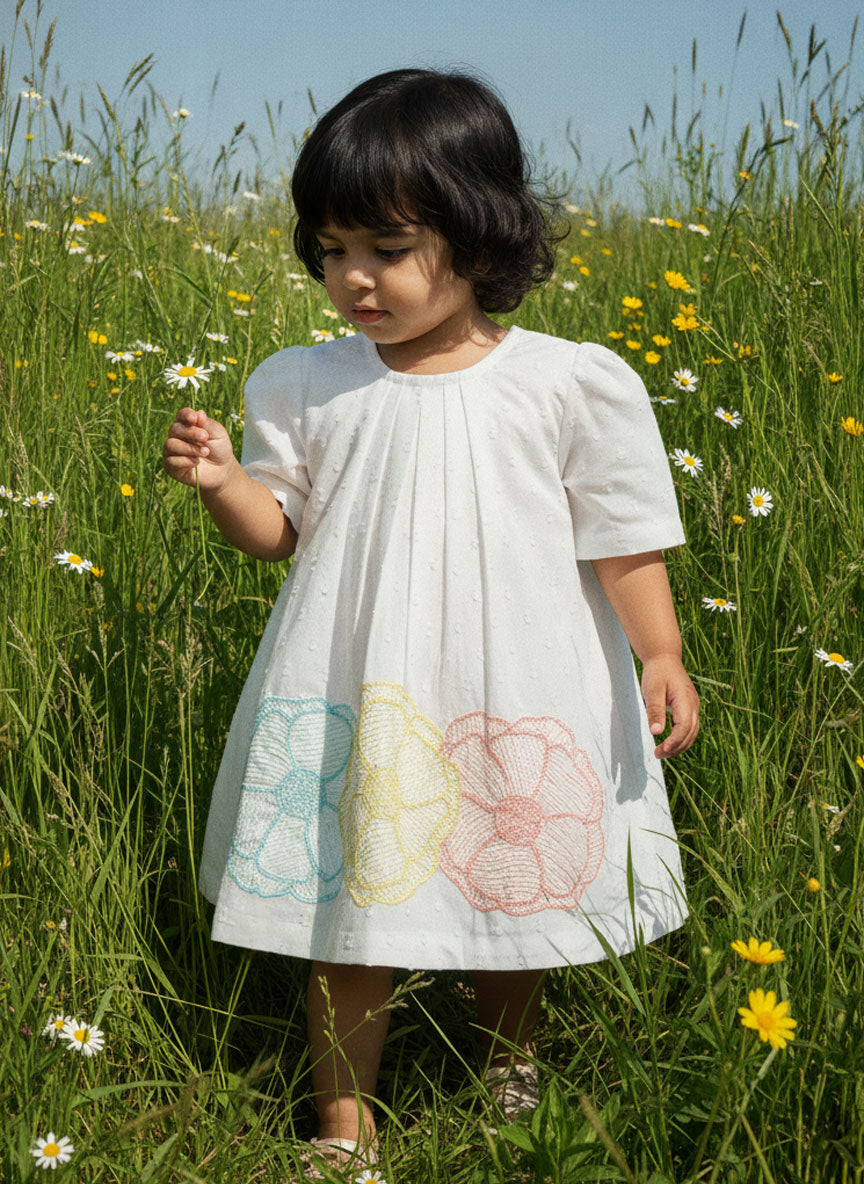 Textured Puff Sleeve Embroidered Dress - Flowers