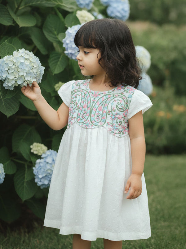 Textured Embroidered White Dress with Cap Sleeves - Paisley