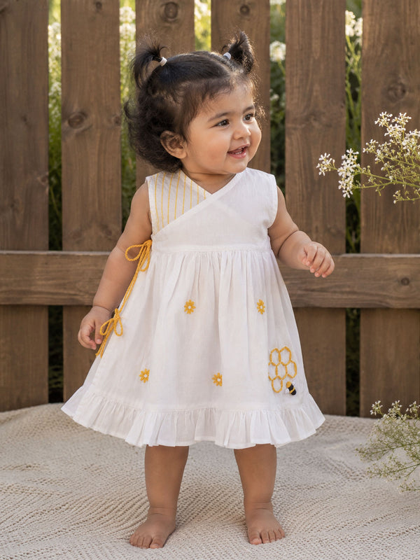 White Hand Embroidered Wrap Dress - Honeycomb