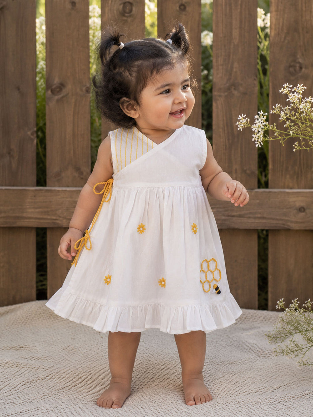 White Hand Embroidered Wrap Dress - Honeycomb