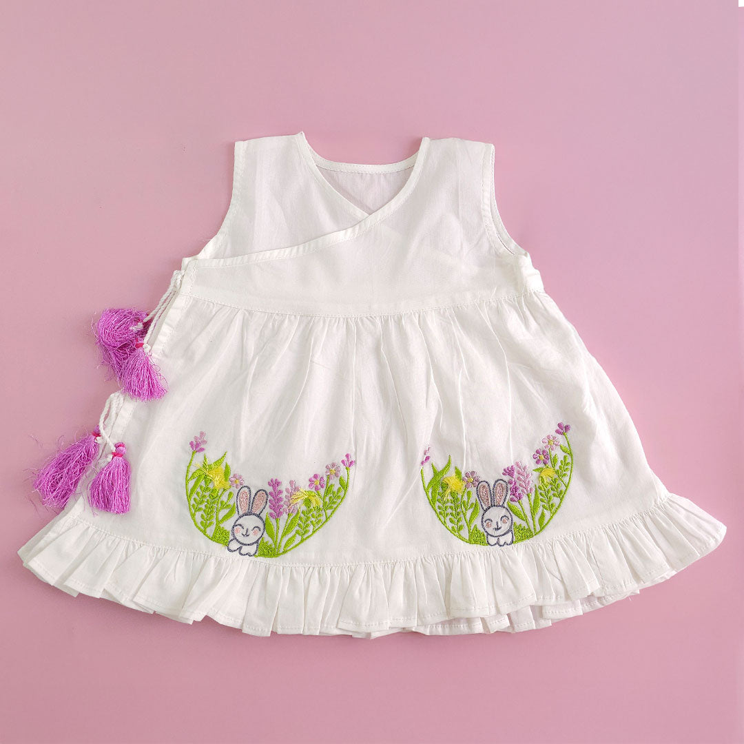 Keebee Organic Cotton Baby Girl Embroidered White Dress and Accessories Set - Rabbit