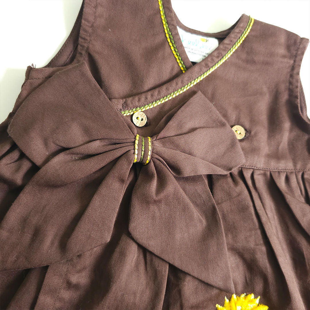 Keebee Organic Cotton Embroidered Girls Brown Overlap Dress - Sunflowers
