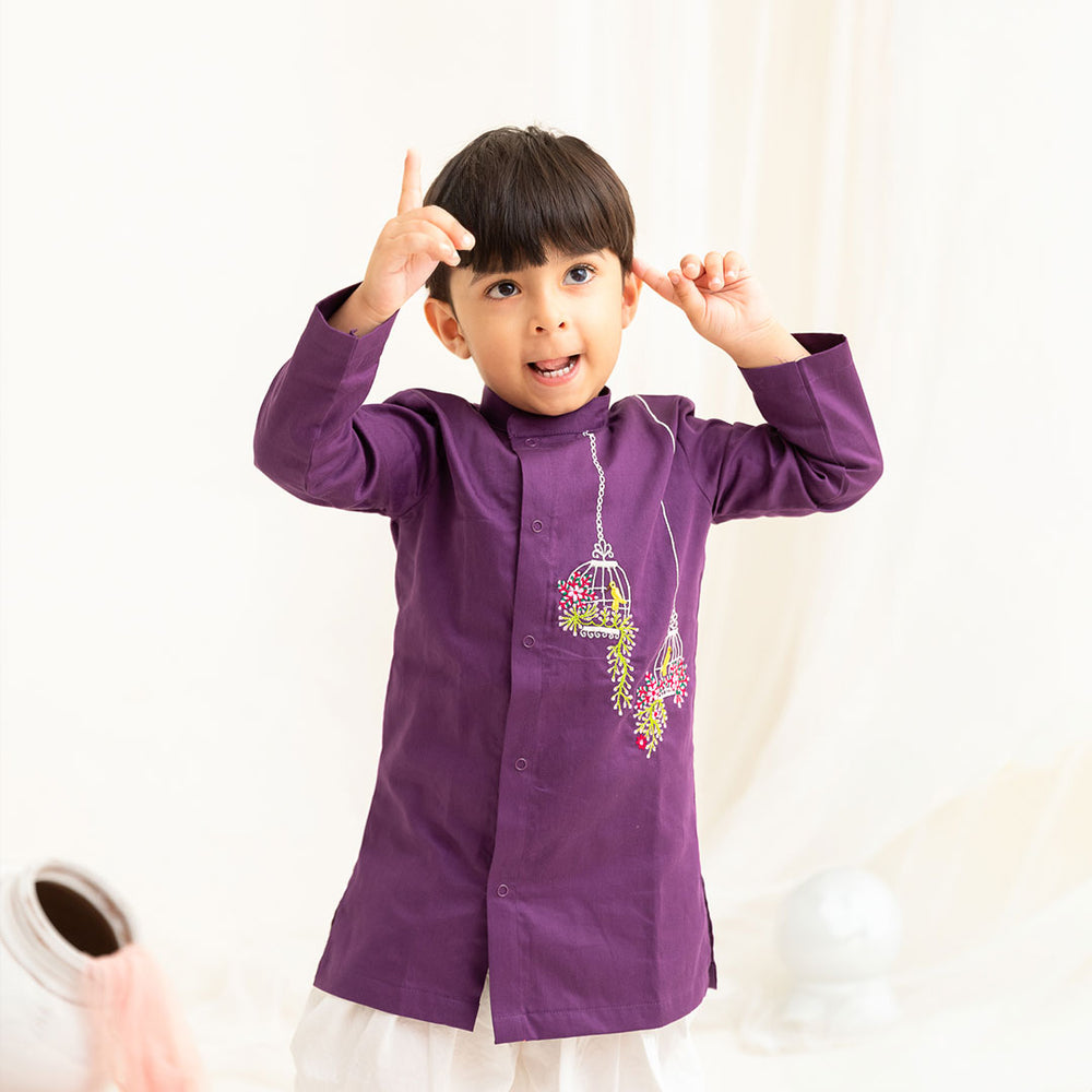 Boys Embroidered Purple Kurta paired with Dhoti Pants - Birdcage Garden