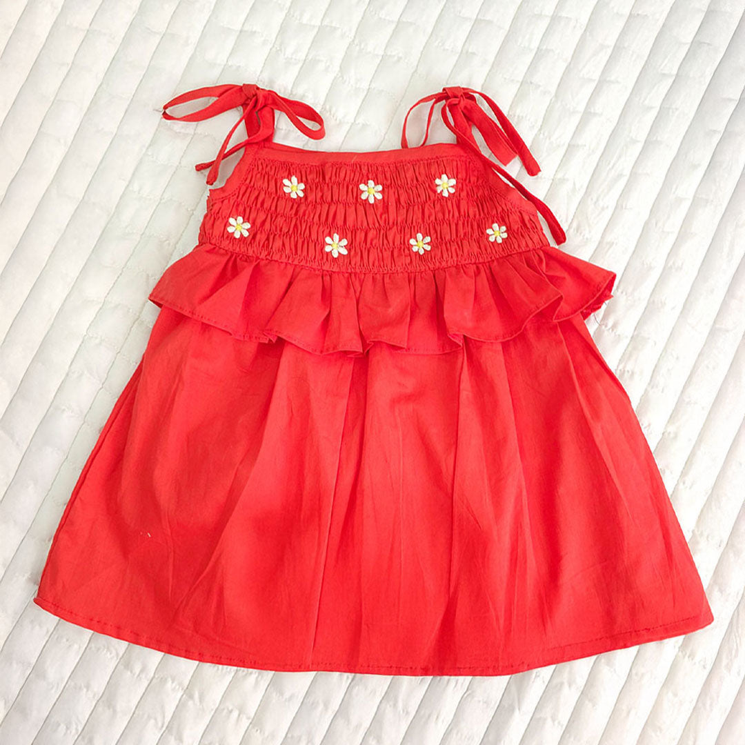 Keebee Organic Cotton Smocked Baby Girl Red Shoulder Knot Smocked Dress