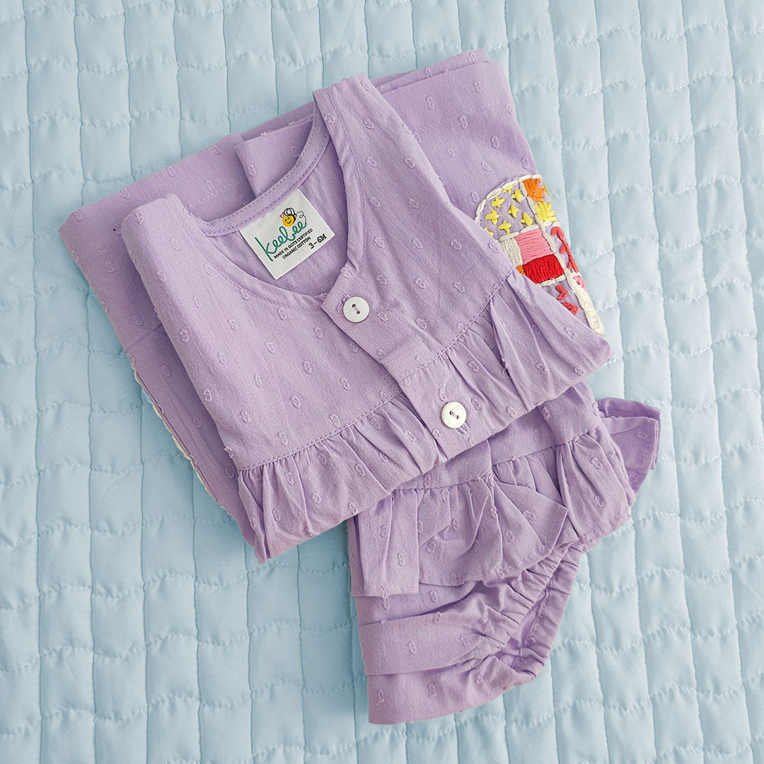 Keebee Organic Cotton Embroidered Baby Girl Lilac Button Up Dress and Bloomer Set - Pockets