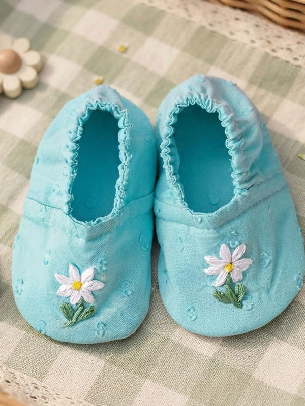 Baby Girl Embroidered Turquoise Blue Shoes - White Flowers