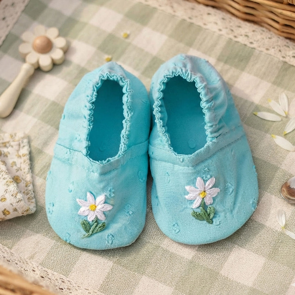 Baby Girl Embroidered Turquoise Blue Shoes - White Flowers