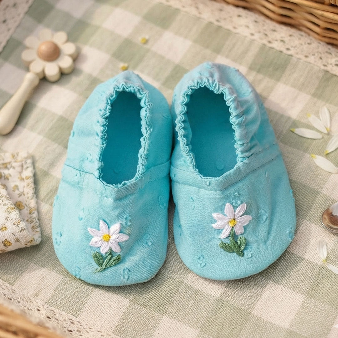 Baby Girl Embroidered Turquoise Blue Shoes - White Flowers