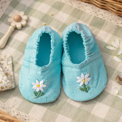 Embroidered Turquoise Blue Baby Shoes - White Flowers