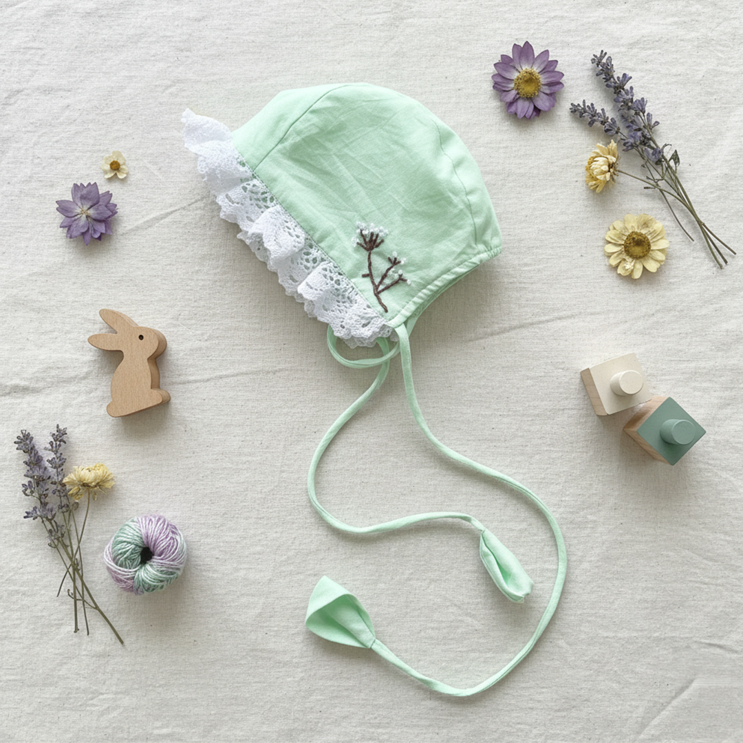 Keebee Organic Cotton Mint Green Embroidered Baby Bonnet - Dandelions