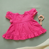 Newborn Baby Girl Embroidered Hot Pink Wrap Dress with Puffed Sleeves - Yellow Bloom
