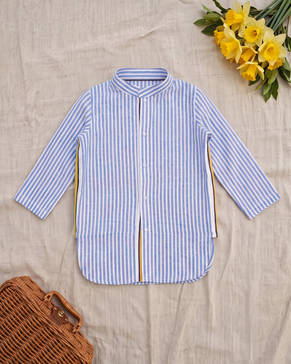 Boys Blue and White Striped Kurta and Pajama Pants Set