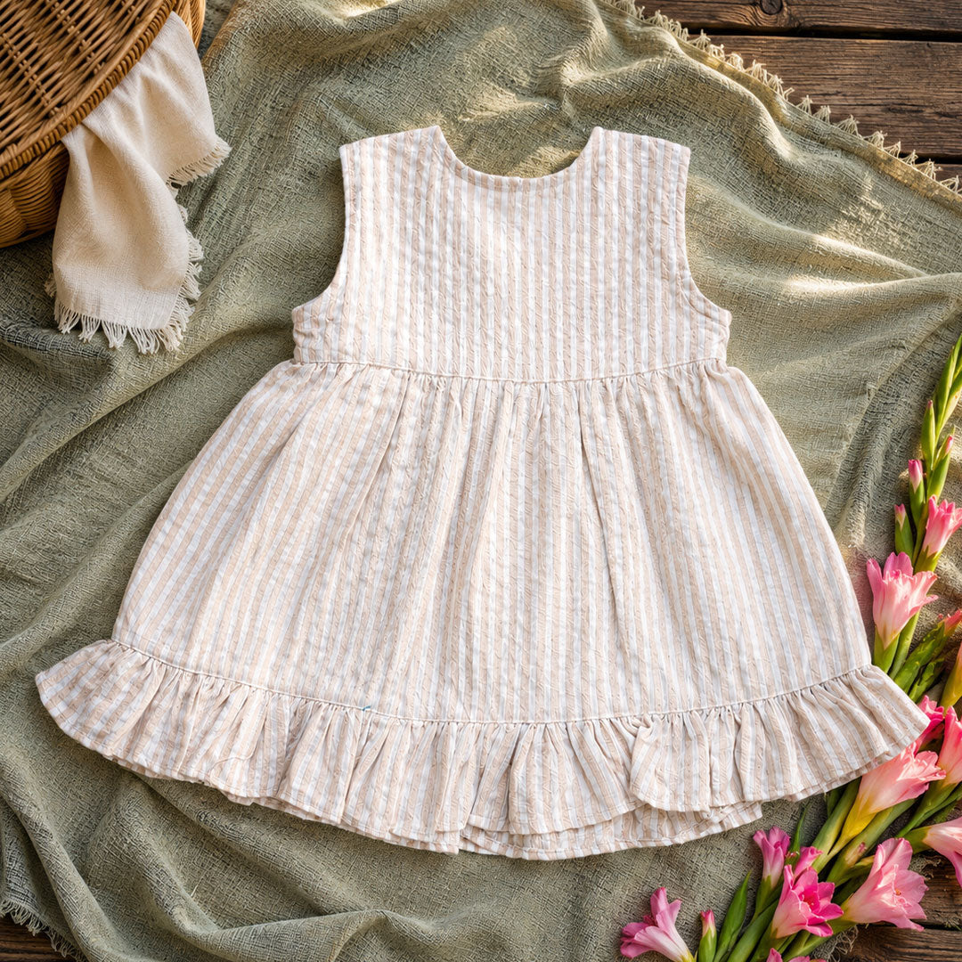 Embroidered Beige and White Wrap Dress and Accessories Set - Pink Bloom