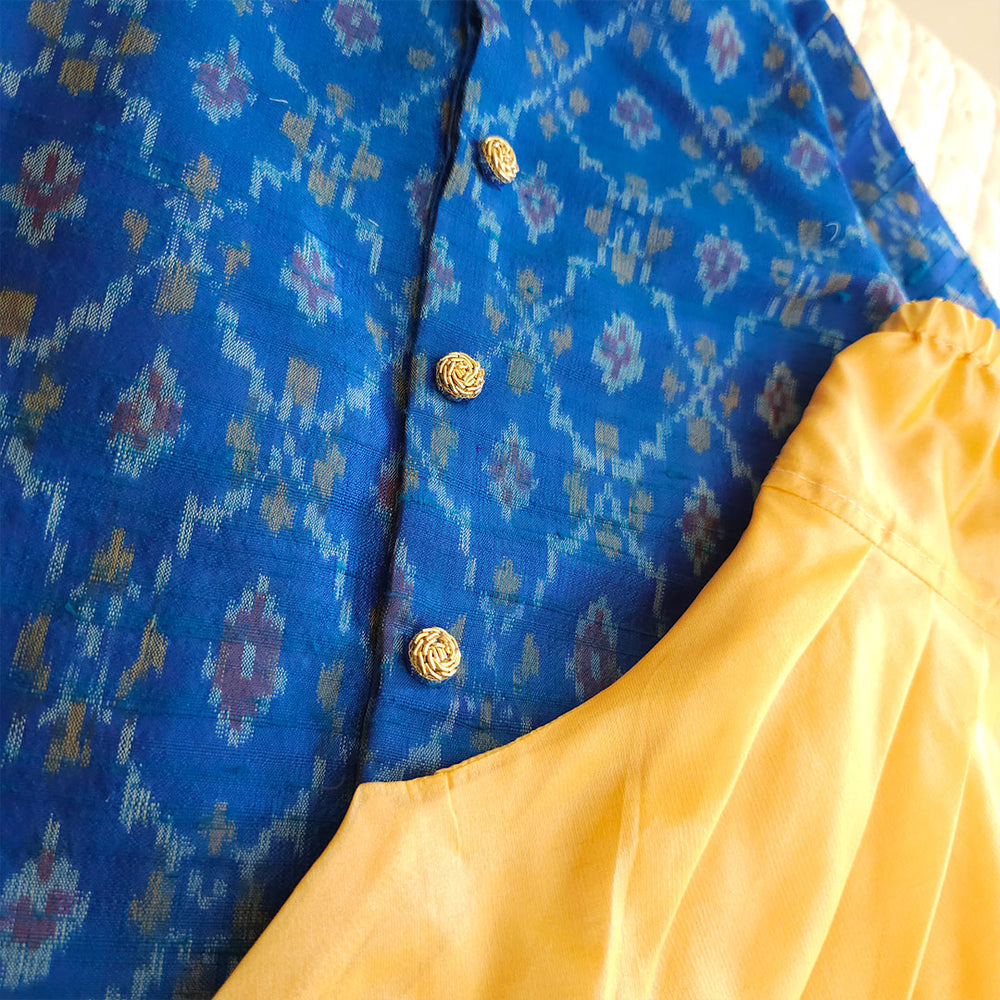 Boys Handloom Raw Silk Blue Ikat Kurta and Golden Yellow Dhoti Salwar Pants Set