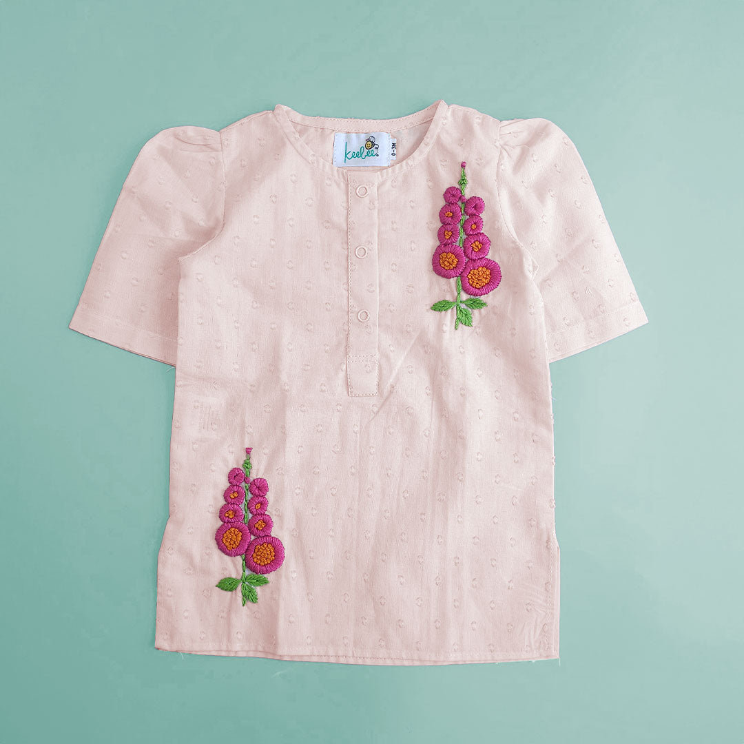 Keebee Organic Cotton Hand Embroidered Floral Girls Peach Kurta Set - Gloria