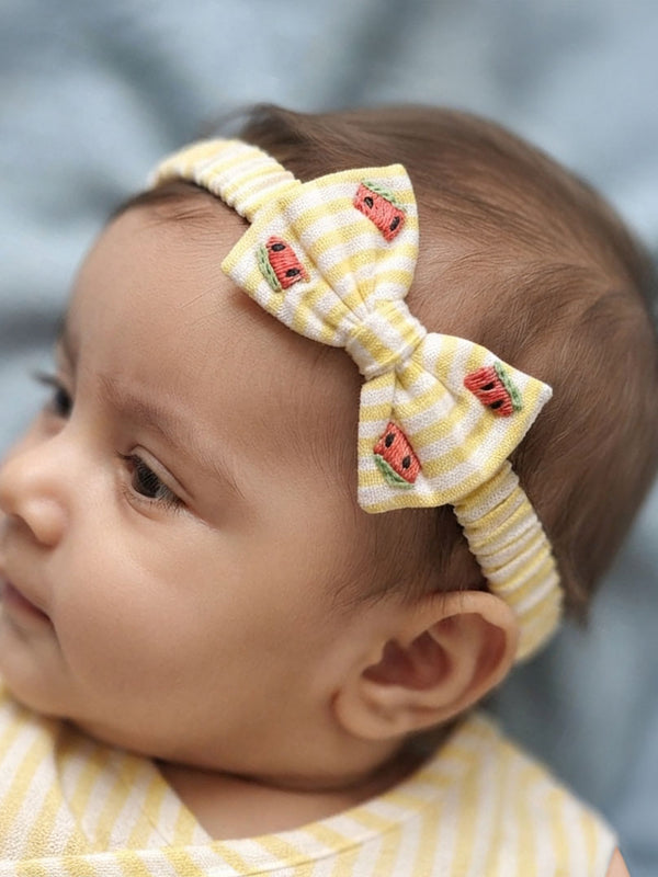 Girls Embroidered Yellow and White Classic Bow Headband - Sweet Watermelons