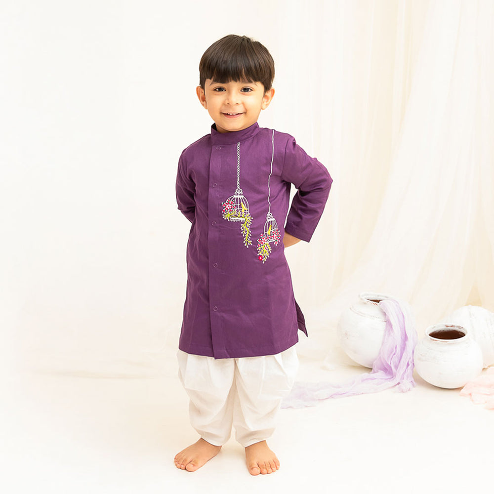 Boys Embroidered Purple Kurta paired with Dhoti Pants - Birdcage Garden