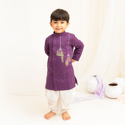 Embroidered Purple Kurta paired with Dhoti Pants - Birdcage Garden