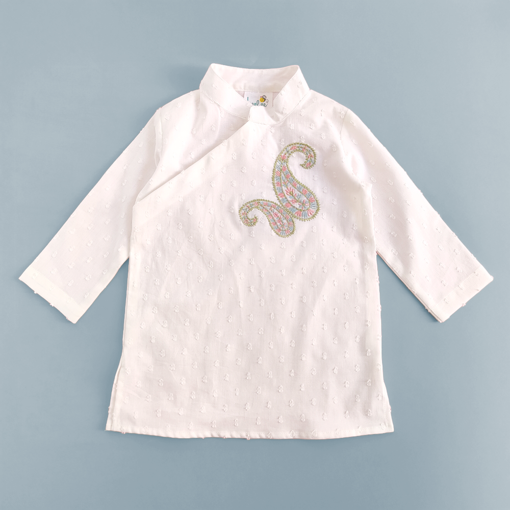 Boys Embroidered White Kurta paired with Pajama Pants - Paisley