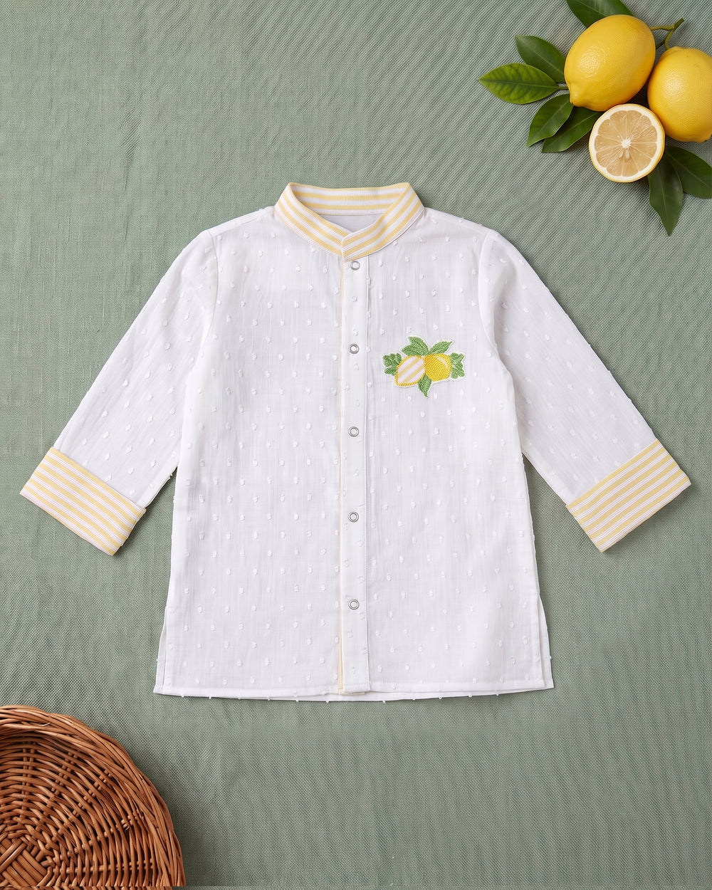 Boys Yellow and White Embroidered Kurta and Pajama Pants Set - Lemonade